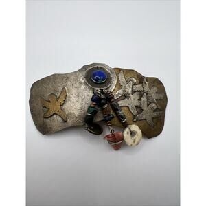 Mixed Metal Pin Brooch Sterling Silver Brass Azurite Multi Stone 4" ROBER OS598